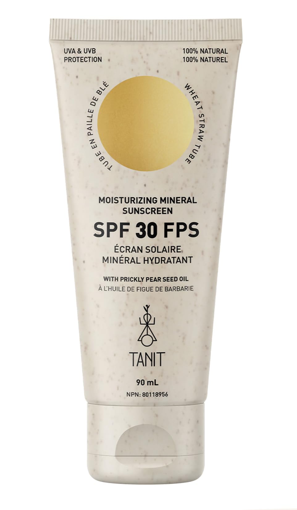 TANIT Moisturizing Mineral Sunscreen SPF 30, 90ml – Broad Spectrum UVA/UVB Defense with Prickly Pear Seed Oil – Lightweight, Water-Resistant, Unscented, Vegan Cream for Daily Face & Body Protection