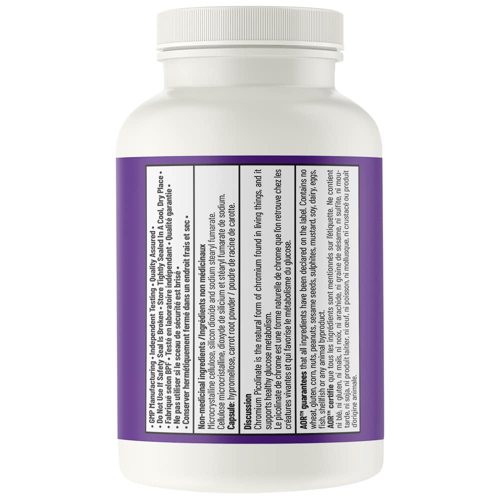 AOR Picolinate de Chrome 600mcg 90 gélules - 90 jours d'approvisionnement - Favorise un métabolisme équilibré du glucose et la production d'énergie - Supplément de chrome, oligo-élément pour un soutien nutritionnel et un métabolisme sain