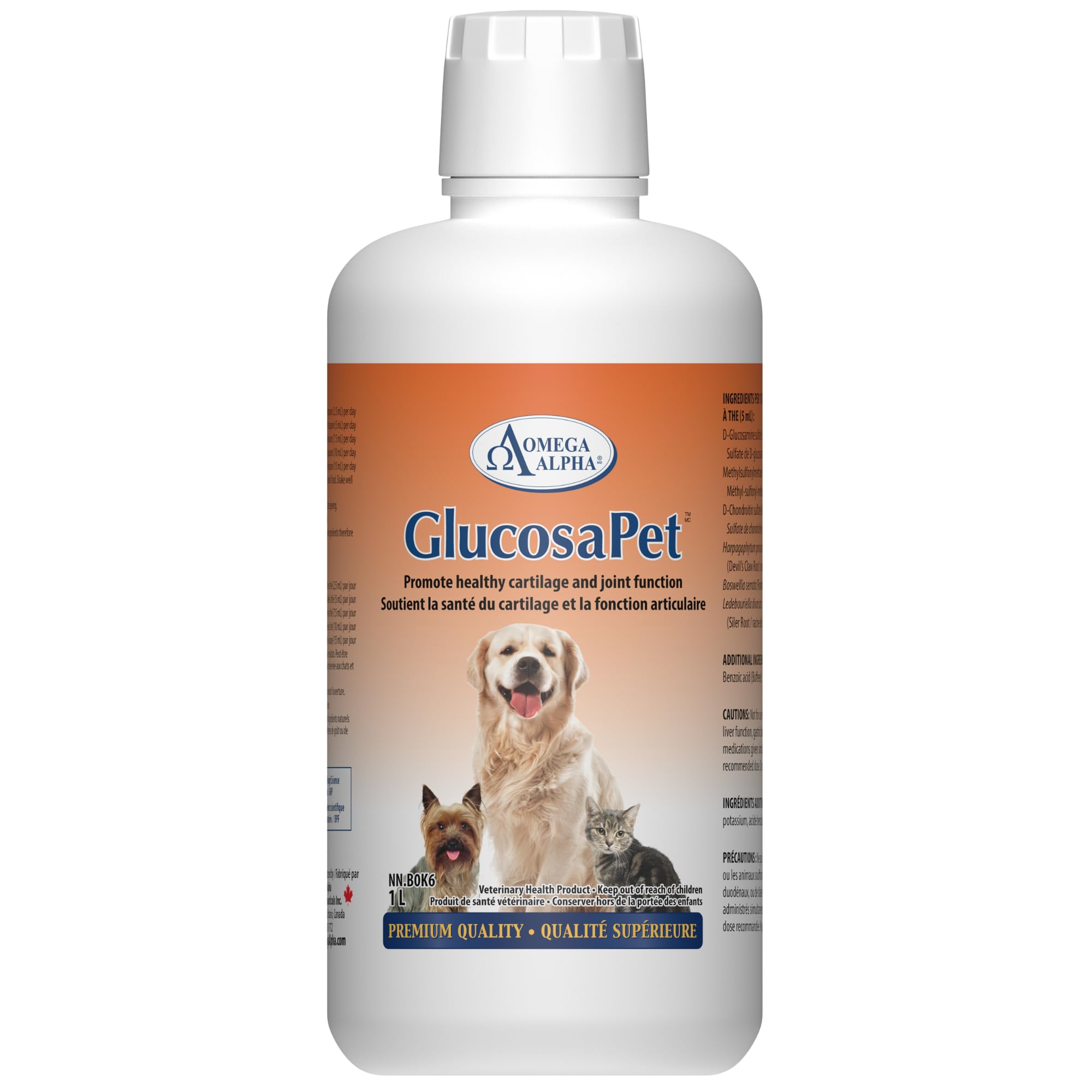Omega Alpha GlucosaPet, supplément liquide pour chiens et chats 1 litre avec glucosamine chondroïtine MSM, soutient le confort articulaire, la mobilité, la flexibilité et le cartilage