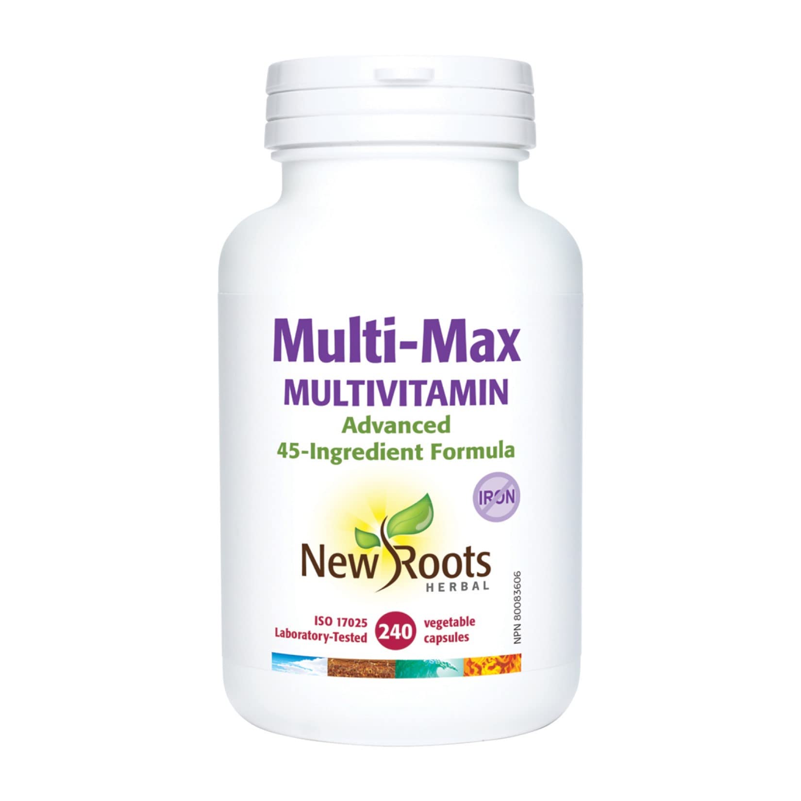 New Roots Herbal Multi-Max Iron-Free Multivitamin, 240 Veg Caps 120-Day Supply, Advanced 45-Ingredient Formula, Non-GMO, Gluten-Free, Ideal for Men & Women, Promote Vitality, Wellness & Mental Clarity