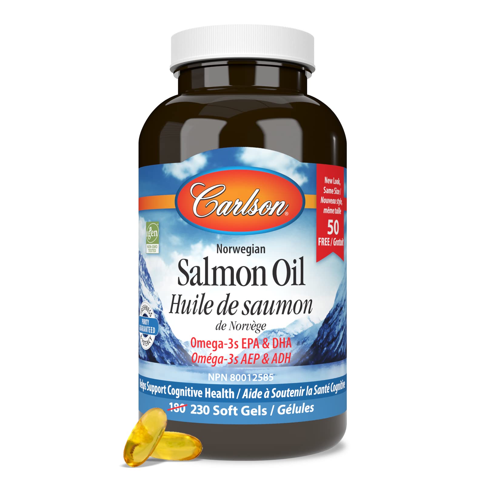 Carlson - Huile de saumon norvégien, 500 mg d'Oméga-3, Complément d'huile de saumon norvégien, Capsules d'huile de saumon Oméga-3 sauvage, Source durable