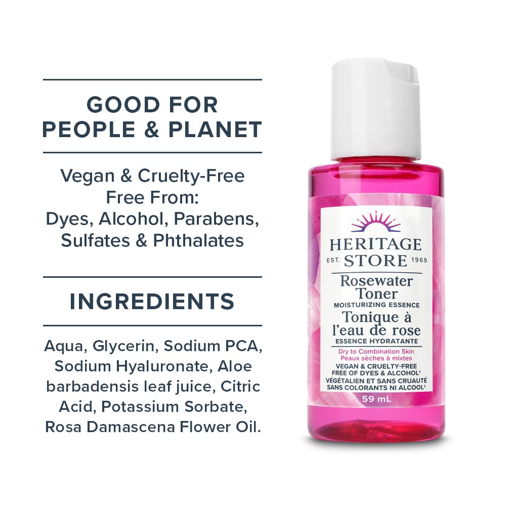 Heritage Store Rosewater Facial Toner | Tones and Refines Pores | Vegan & Cruelty Free | Free of Dyes & Alcohol |59 ml, Clear