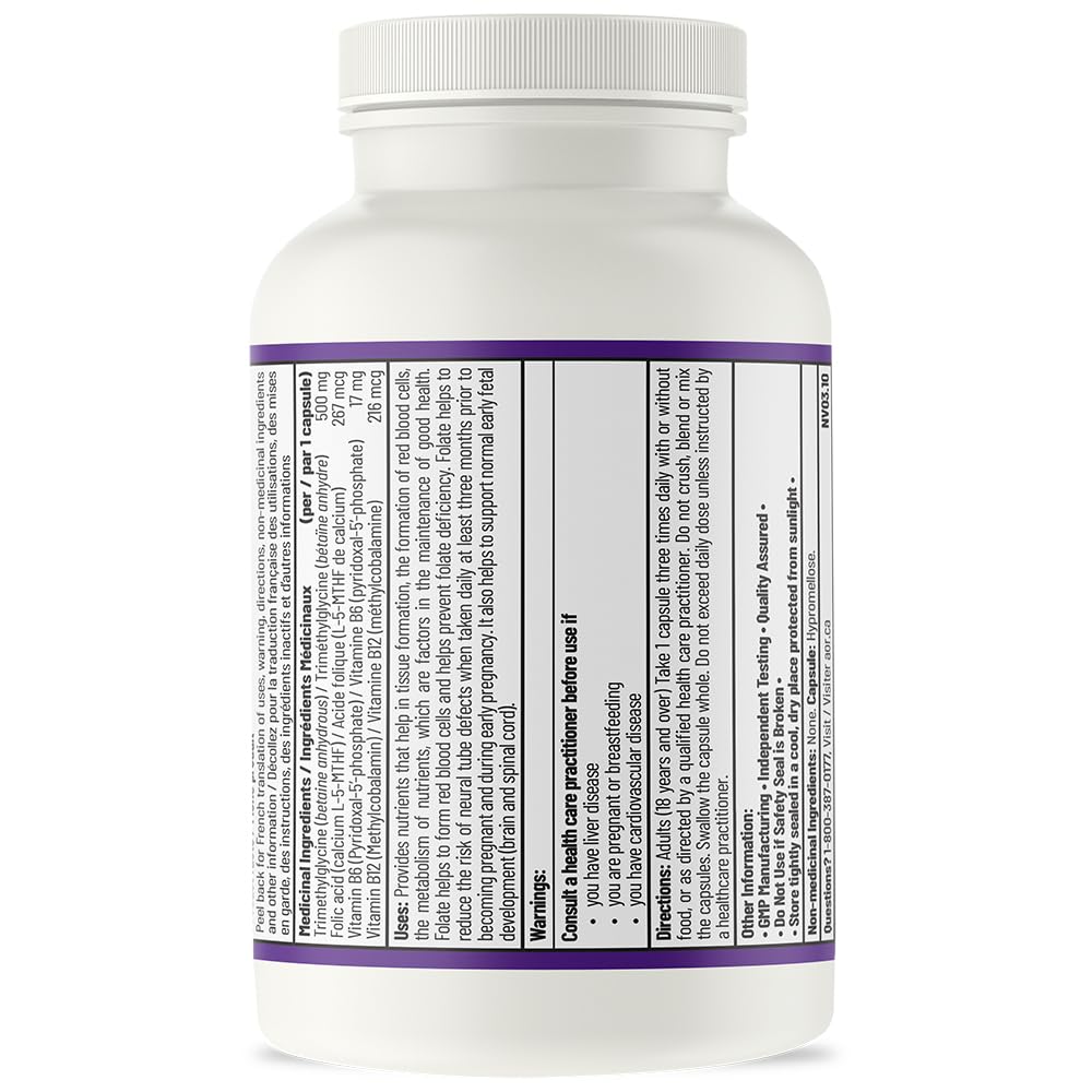AOR Max Methyl 517mg, 90 gélules végétaliennes, 30 jours d'approvisionnement - Acide folique avec vitamine B6 active (P5P) & méthylcobalamine (vitamine B12), sans OGM, méthylation équilibrée et développement sain des globules rouges