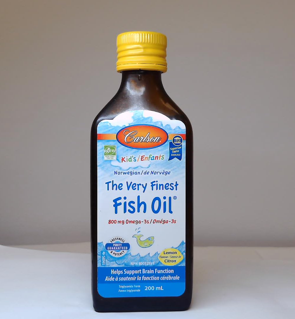 Carlson - Kid's The Very Finest Fish Oil, 800 mg Omega-3s, Liquid Fish Oil Supplement, Norwegian Fish Oil, Wild-Caught, Sustainably Sourced Fish Oil Liquid, Lemon, 200 mL (6.7 Fl Oz)