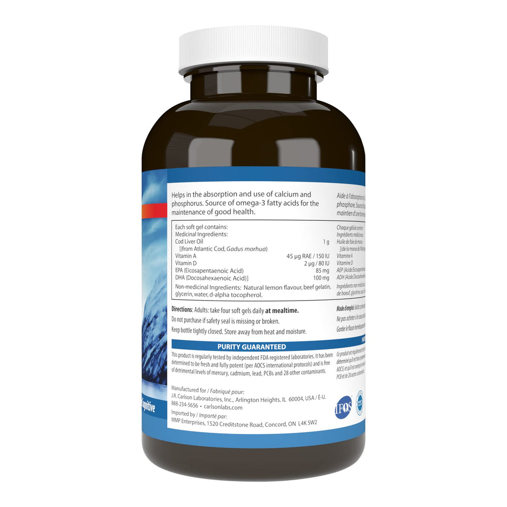 Carlson - Cod Liver Oil Gems, 920 mg Omega-3s + Vitamins A & D3, Wild-Caught Norwegian Arctic Cod-Liver Oil, Sustainably Sourced Nordic Fish Oil Capsules, Lemon