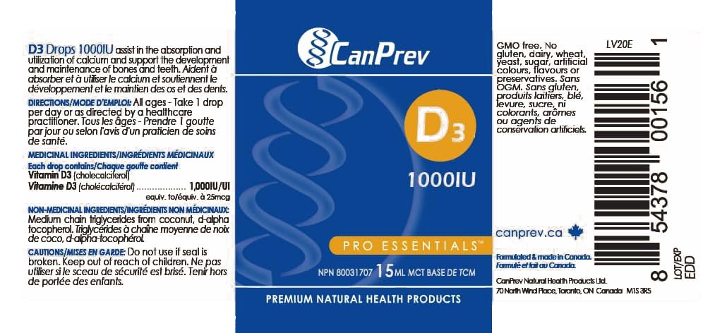 CanPrev Vitamine D3 Gouttes Liquides 1 000 UI (25 mcg), 15 ml, Approvisionnement de 300 jours - D3 d'origine végétale avec huile MCT - Aide à maintenir des os et des dents solides, Vitamine D liquide pour le bien-être quotidien et le soutien en calcium