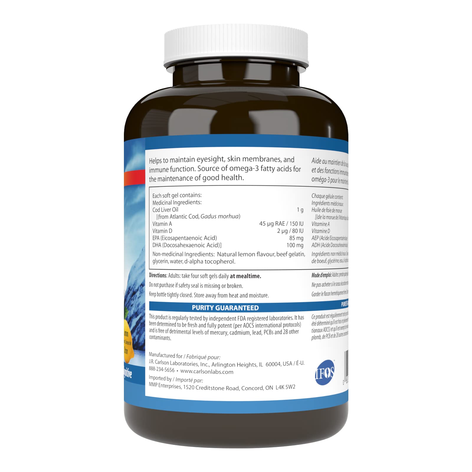 Carlson - Huile de foie de morue en capsules, Faible en vitamine A, 920 mg d'oméga-3 + vitamine D3, Norvégienne, Issu de sources durables