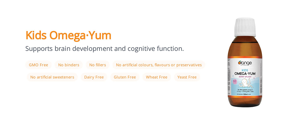Orange Naturals Kids Omega-3 Yum Liquid 150ml 60 Servings, Berry Splash Flavor, Fish Oil Supplement, Omega-3 EPA & DHA, Helps Maintain Brain Function & Development, Suitable for Ages 1-18, Gluten-Free