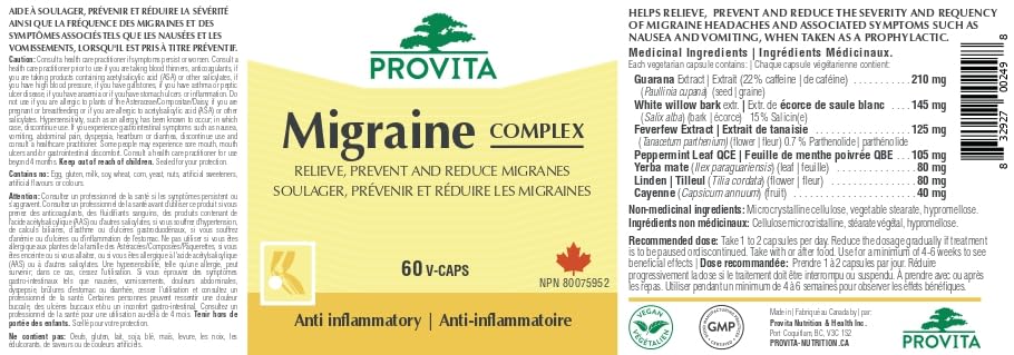 Provita Migraine - Natural Herbal Solution for Headaches, Prevent & Reduce Severity of Migraines (60 Capsules)
