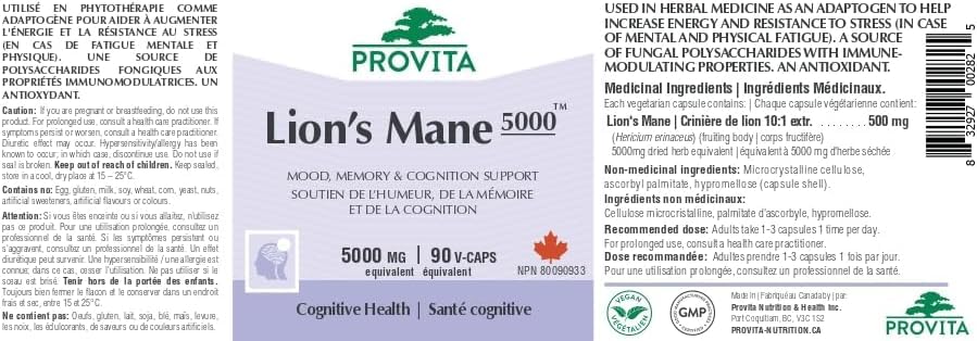Crinière de lion - extrait 10:1 / 5000 mg É.S. par Provita Nutrition (Fabriqué au Canada) 90 gélules végétales