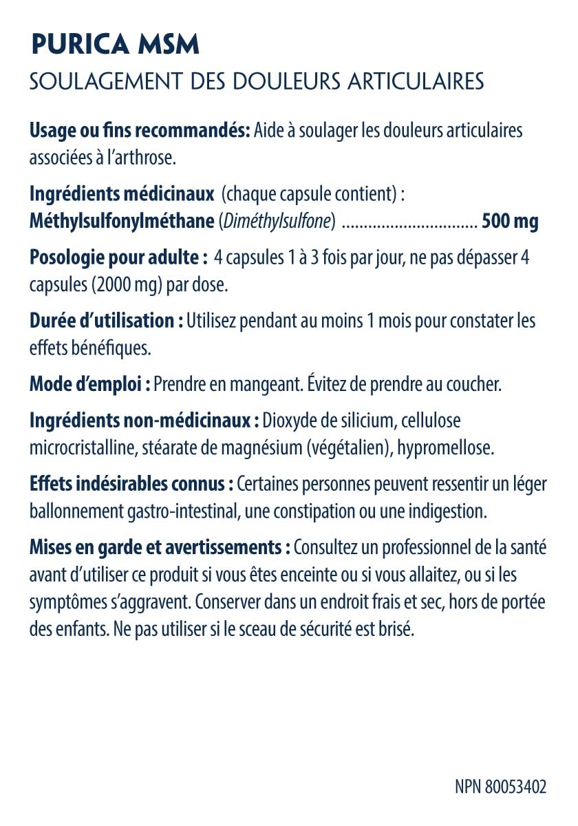 PURICA - MSM Gélules végétales - Soutien articulaire amélioré avec le méthylsulfonylméthane