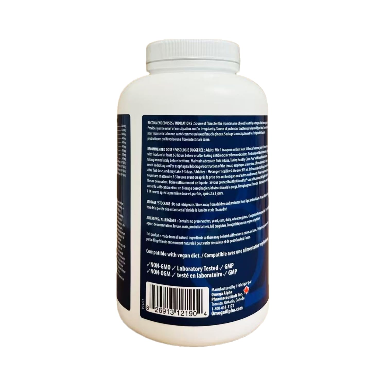 Omega Alpha Healthy Colon Plus, Support Gut Health Regularity & Bowel Movement, Psyllium Husk & Fibre Powder Blend, 340g Jar 56 Servings, Vegan Formula