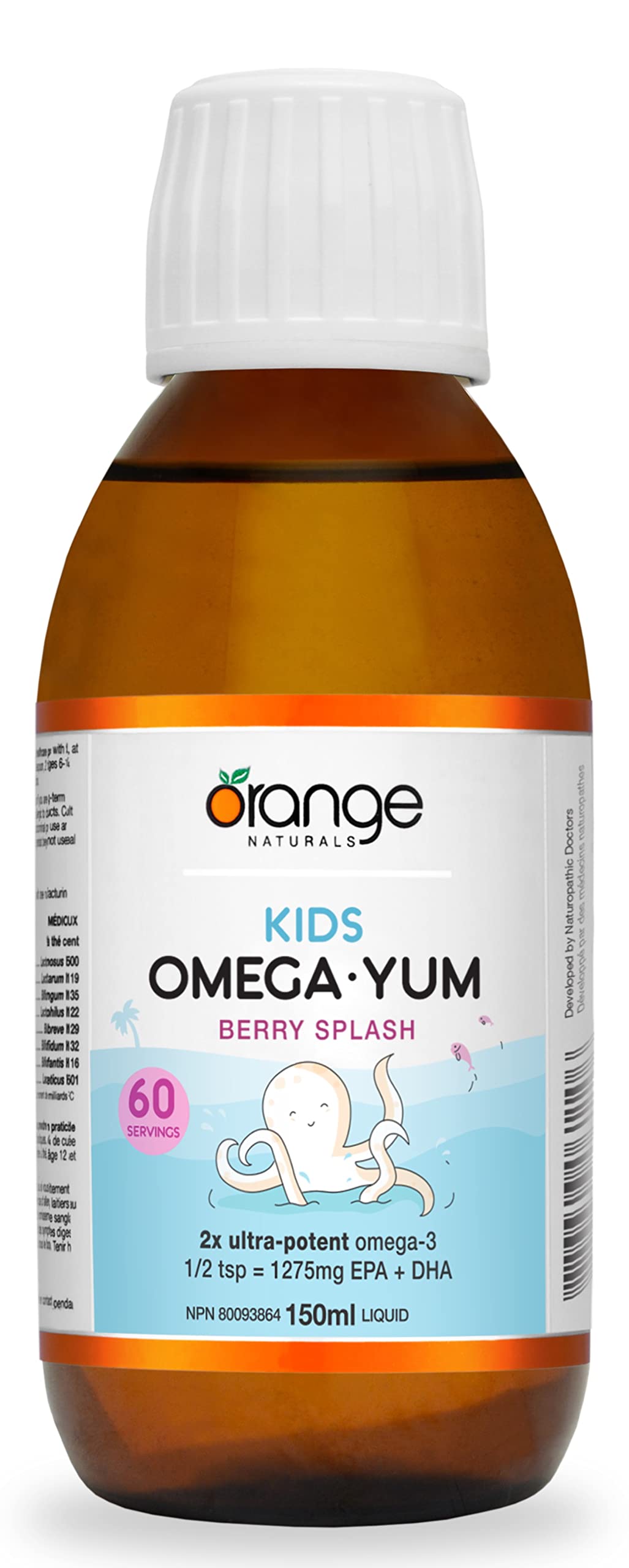 Orange Naturals Kids Omega-3 Yum Liquid 150ml 60 Servings, Berry Splash Flavor, Fish Oil Supplement, Omega-3 EPA & DHA, Helps Maintain Brain Function & Development, Suitable for Ages 1-18, Gluten-Free
