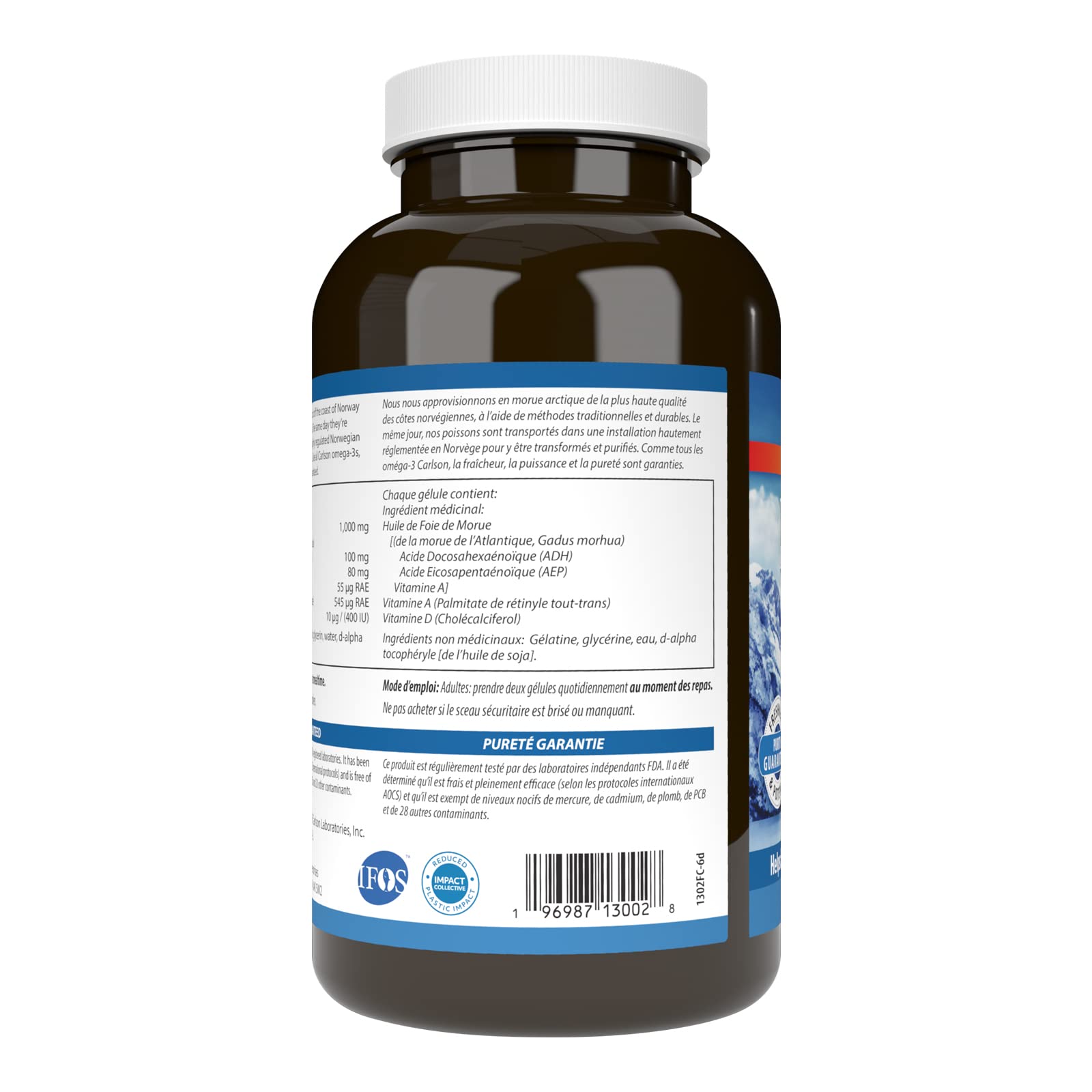 Carlson - Huile de foie de morue, Super 1000 mg, 250 mg Oméga-3 + Vitamines A et D3, Huile de foie de morue arctique norvégienne sauvage, approvisionnement durable