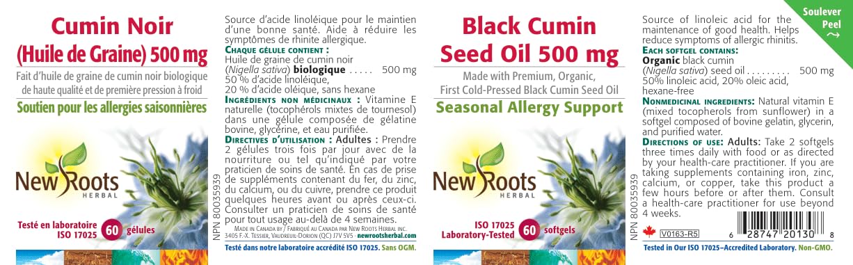 New Roots Herbal - Huile de cumin noir - Huile de graines de nigelle bio pressée à froid - Soulage les éternuements, les démangeaisons oculaires, le nez bouché et la congestion nasale
