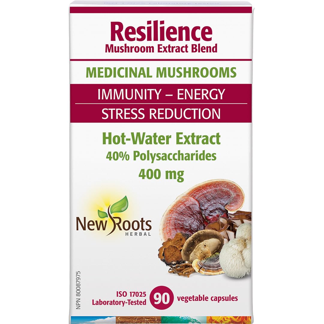 Mélange d'extraits de champignons New Roots Herbal Resilience, 90 capsules végétales, complexe de 7 champignons avec Reishi, Crinière de lion, Cordyceps, Chaga, Shiitake, Maitake et Coriolus, 40 % de polysaccharides
