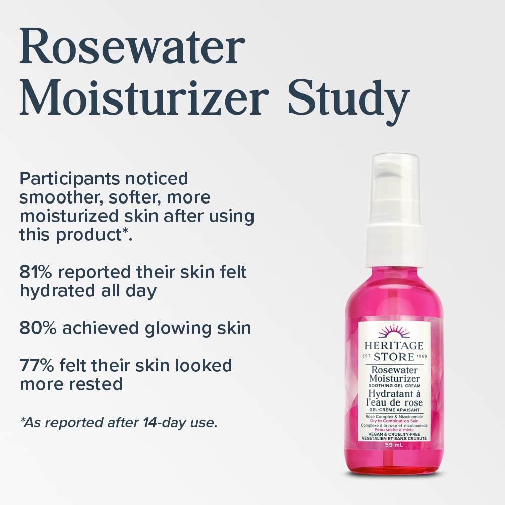 Heritage Store - Rosewater Moisturizer | Soothing Gel Cream | Rose Complex and Niacinamide | Vegan & Cruelty Free | Dry to Combination Skin Type | 59ml, Clear