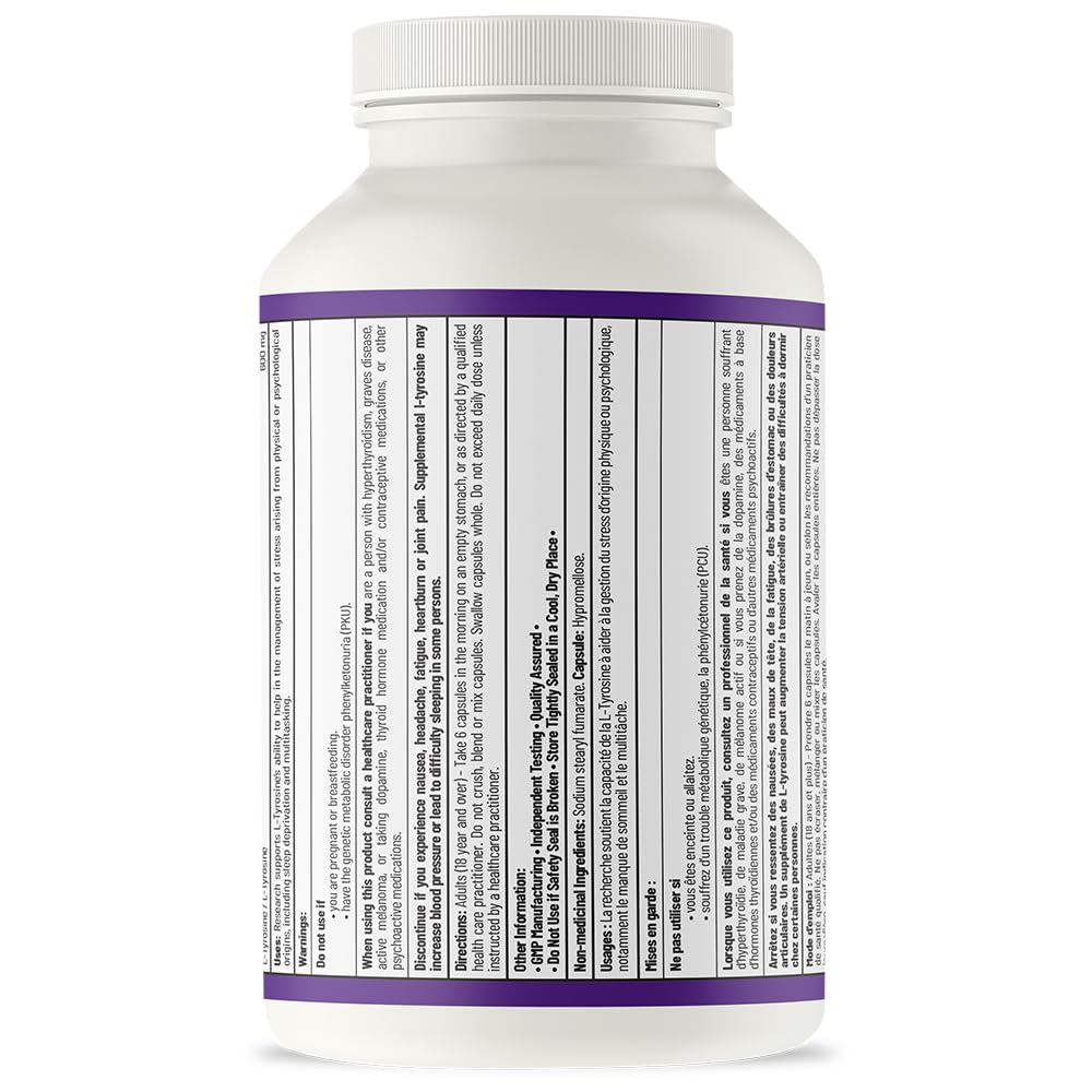 AOR L-Tyrosine 600mg 180 Capsules 30-Day Supply - Vegan, Non-GMO, Gluten-Free - L-Tyrosine Supplement to Support Brain Function, Promote Focus, Mental Clarity, Cognitive Performance and Restful Sleep