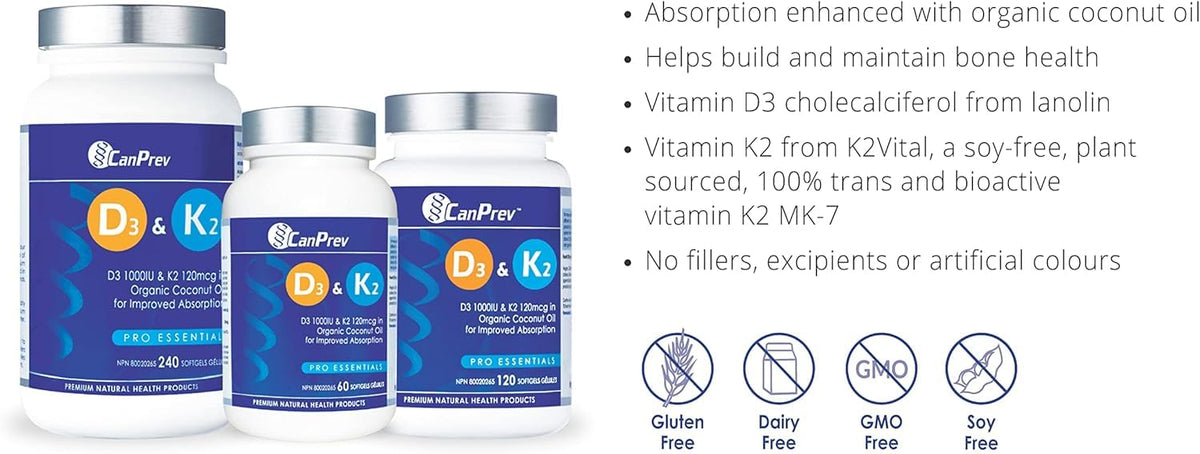 CanPrev Vitamin D3 K2 Supplement, Coconut Oil, 60 Softgels, 60 Day Supply
