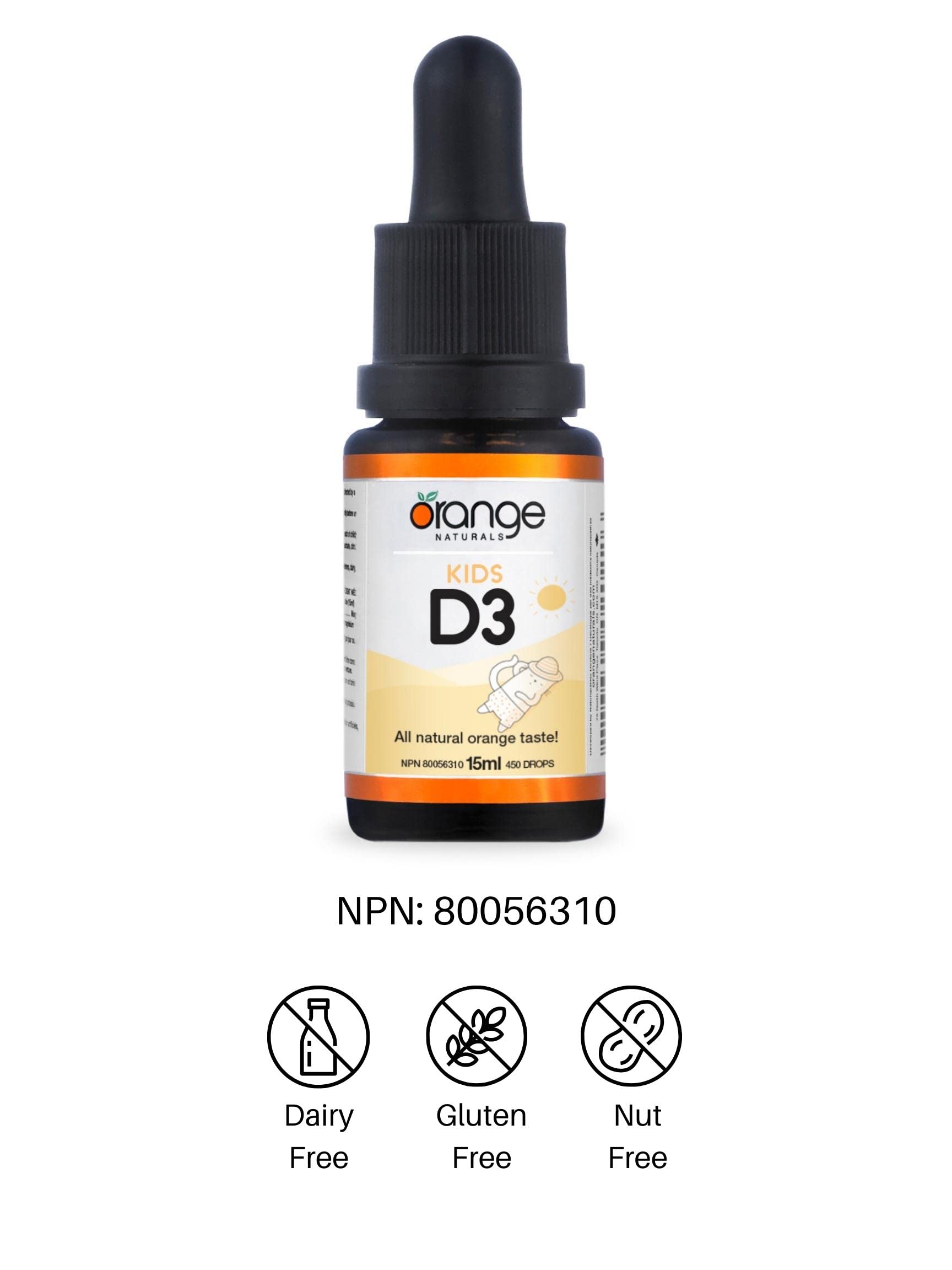 Orange Naturals - Gouttes de vitamine D3 - Saveur naturelle d'orange liquide - 400 UI pour enfants - 15 ml - Gouttes liquides de cholécalciférol vitamine D3 - Soutien pour la santé des os, des dents et du système immunitaire