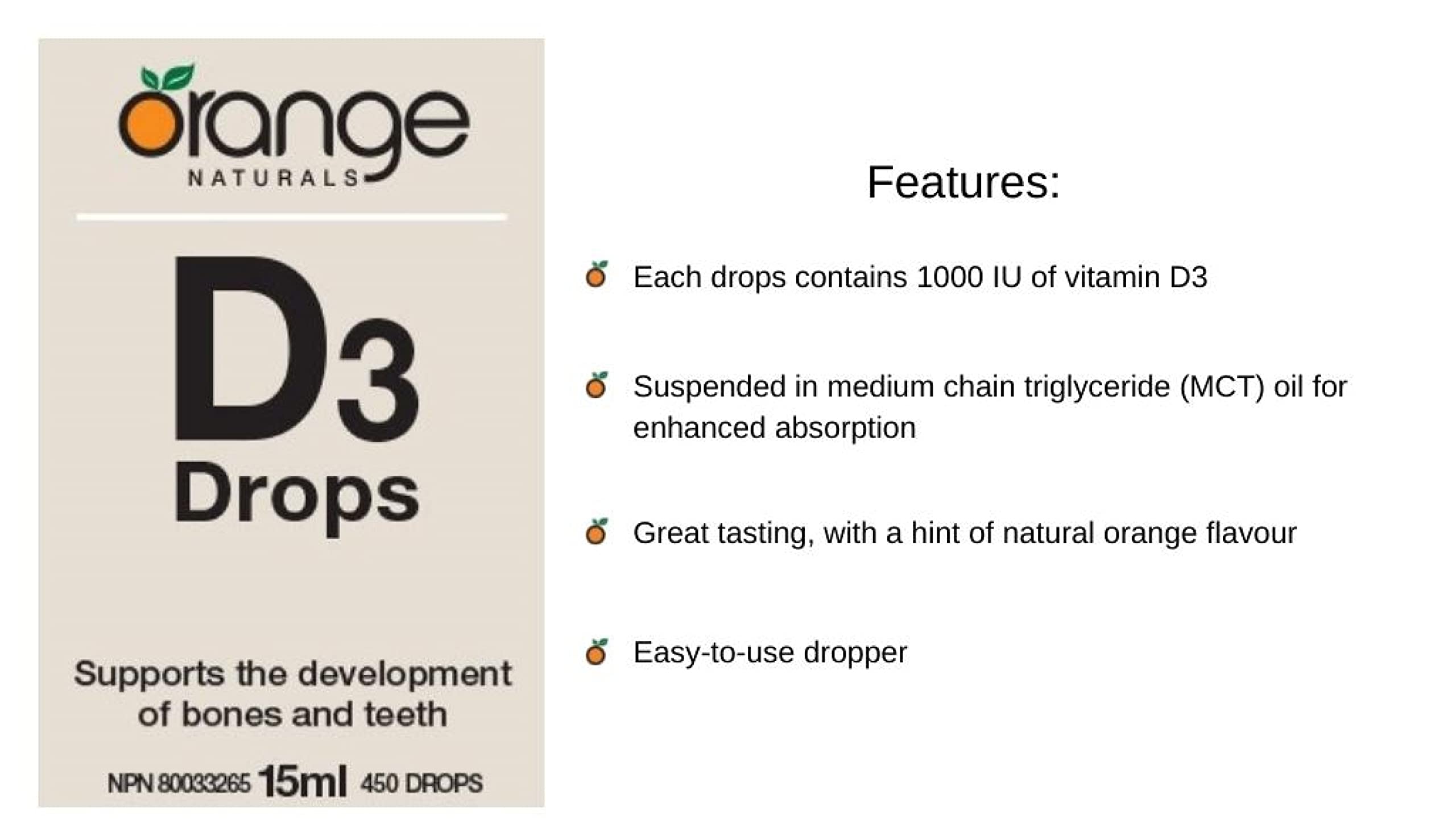 Orange Naturals - Gouttes de vitamine D3 - Saveur naturelle d'orange liquide - 400 UI pour enfants - 15 ml - Gouttes liquides de cholécalciférol vitamine D3 - Soutien pour la santé des os, des dents et du système immunitaire