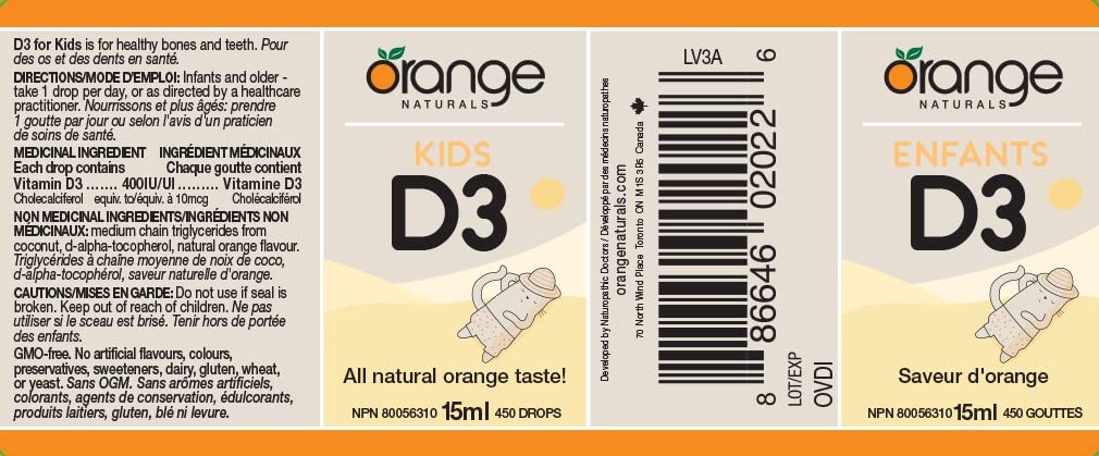 Orange Naturals - Gouttes de vitamine D3 - Saveur naturelle d'orange liquide - 400 UI pour enfants - 15 ml - Gouttes liquides de cholécalciférol vitamine D3 - Soutien pour la santé des os, des dents et du système immunitaire