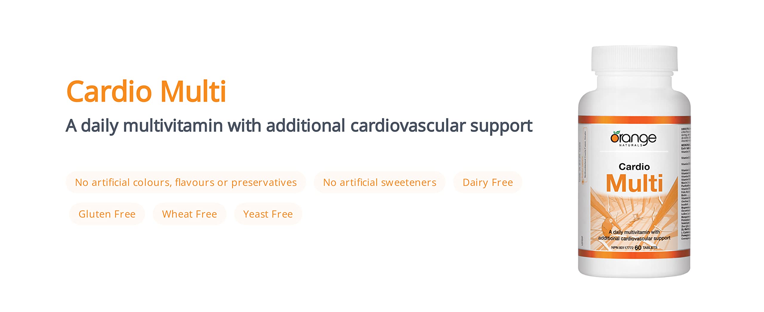 Orange Naturals - Cardio Multi, 60 Tablets 30-Day Supply - A Daily Multivitamin with Additional Cardiovascular Support - Vital for Heart Muscle Function and Support Healthy Glucose Metabolism