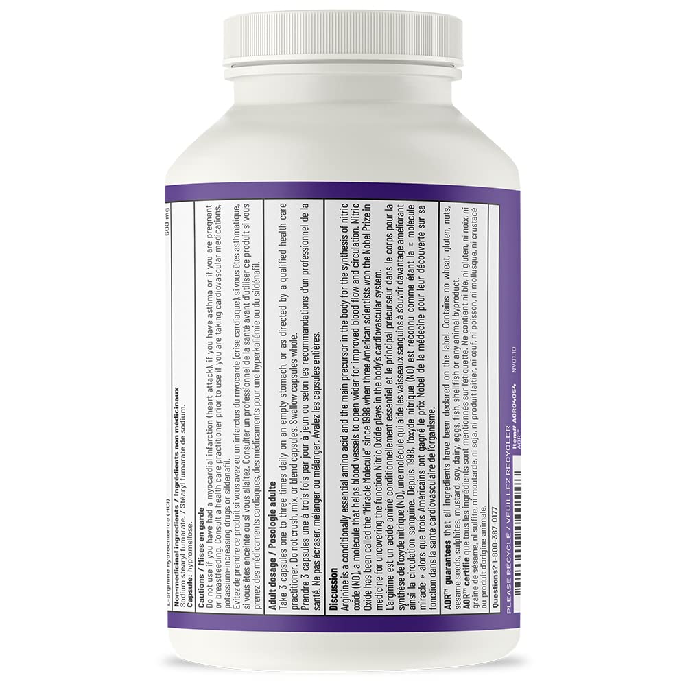 AOR Arginine 600mg, Vegan 180 Caps 60-Day Supply - L-Arginine Supplement for Circulation & Vitality - Support Nitric Oxide Production - Essential Amino Acids for Skin Elasticity and Muscle Performance