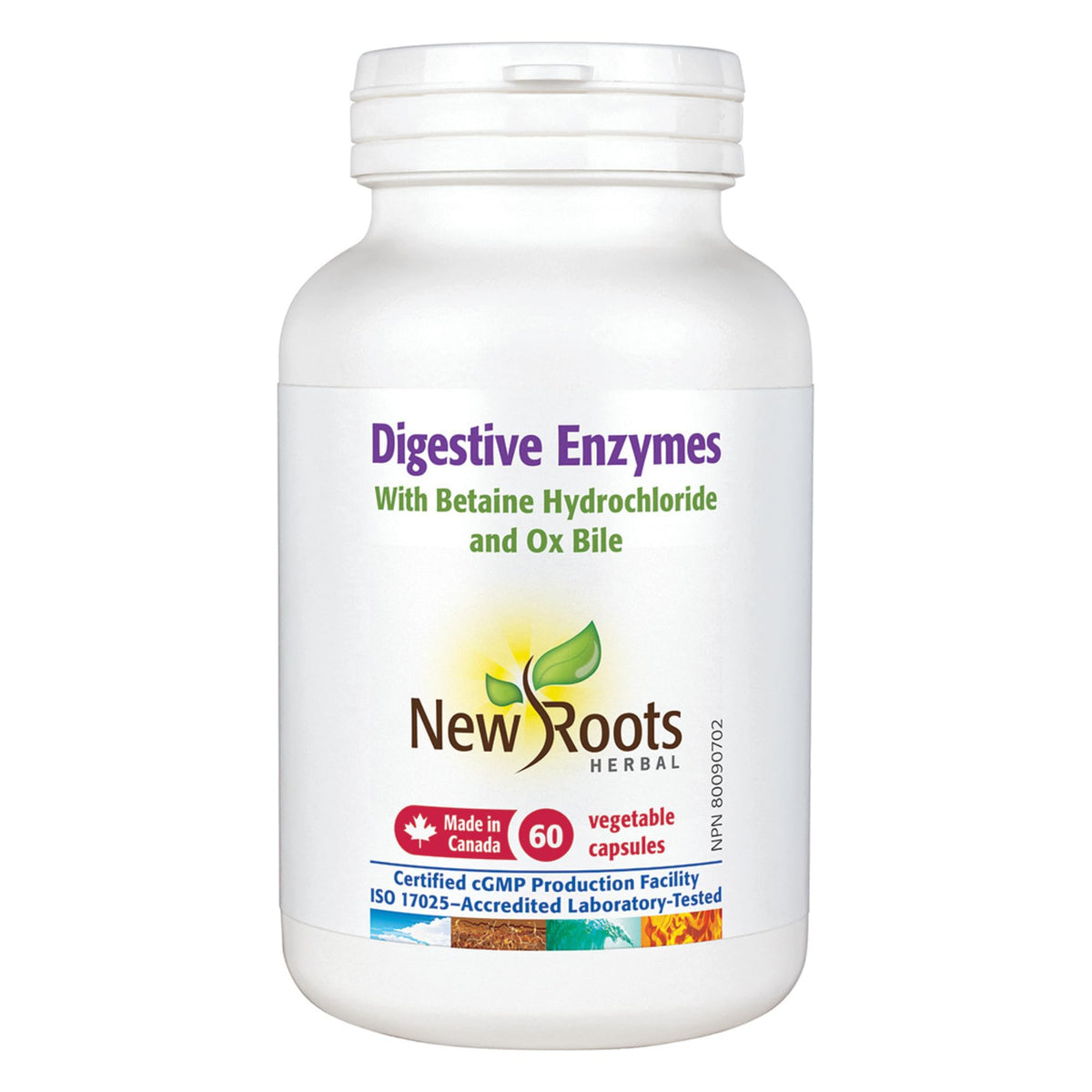 New Roots Herbal Digestive Enzymes, 60 Veggie Capsules, 15-60 Day Supply, Daily Support for Comfort & Balance, Breaks Down Proteins, Fats, Carbs with Betaine HCl, Ox Bile, Papain