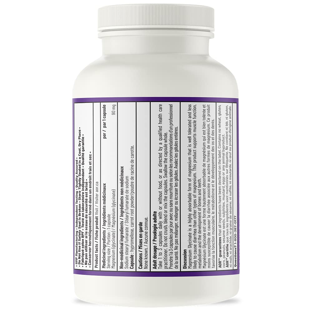 AOR Magnesium Glycinate Capsules, Gentle on Digestion, 90 mg, 90 Capsules