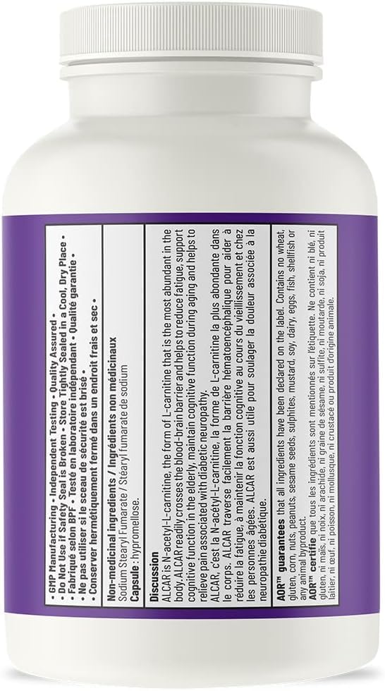 AOR ALCAR Acétyl-L-Carnitine 500mg 120 Gélules - Approvisionnement de 60 Jours - Supplément de L-Carnitine pour le Soutien Énergétique, la Performance Cognitive, la Clarté Mentale, Sans OGM, Végétalien, Format Pratique pour un Mode de Vie Équilibré
