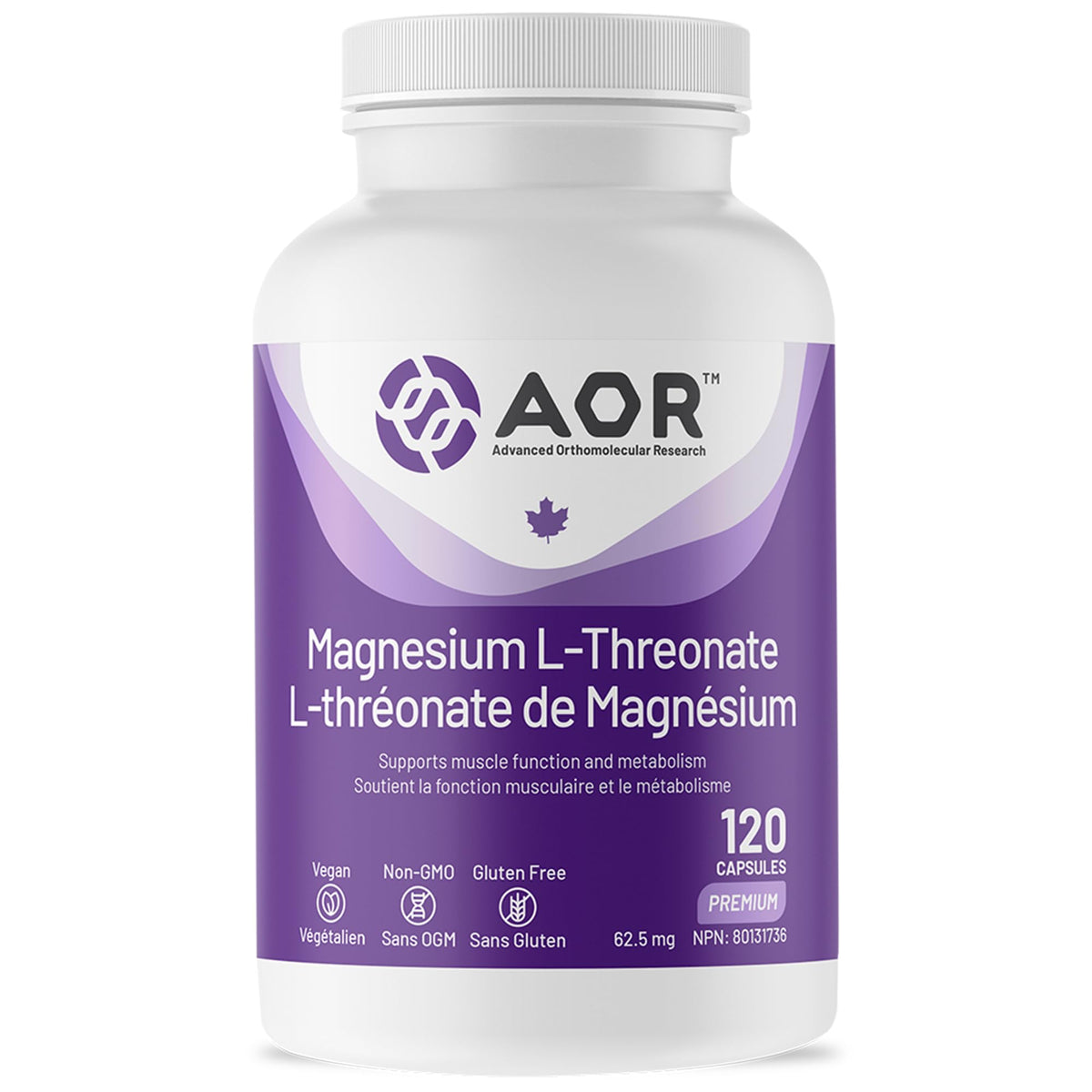 AOR Magnesium L-Threonate, 120 Vegan Capsules — 62.5 mg Elemental Magnesium per Capsule, Single-Ingredient Magnesium Supplement, Non-GMO, Gluten Free, Magnesium Stearate Free