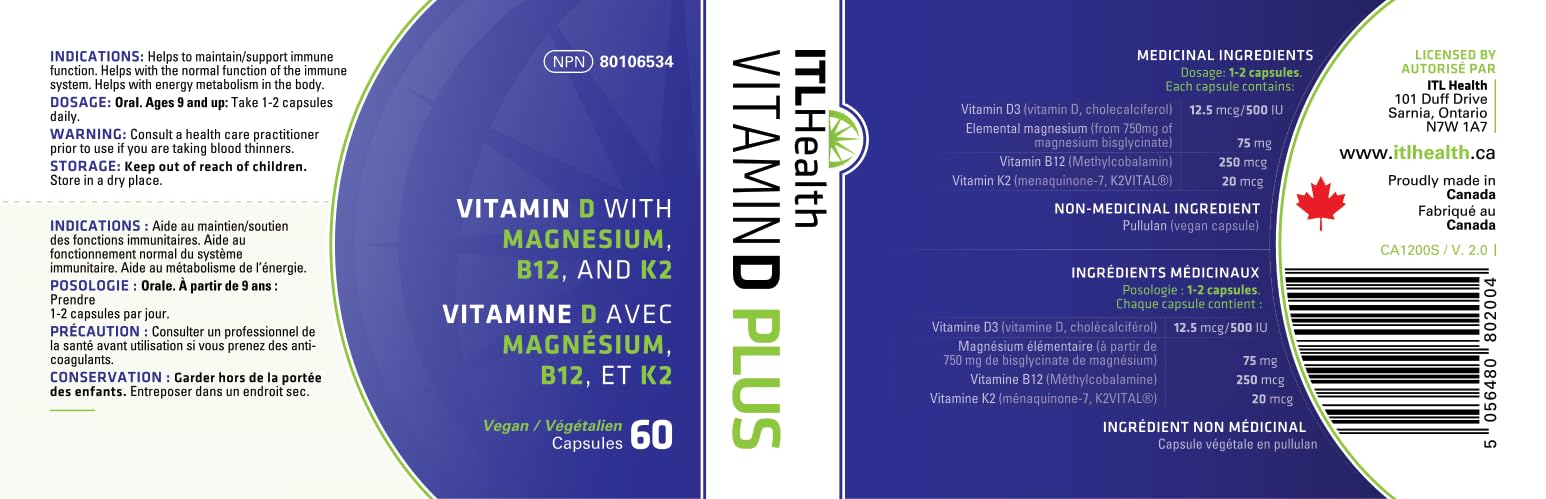 ITL Health Vitamin D3 K2 Magnesium & B12 Supplement | Plant Based Vitamin D 500iu, K2 MK7 20mcg, Elemental Magnesium 75mg, B12 250mcg | Non-GMO, Vegan & Made in Canada - 60 Capsules