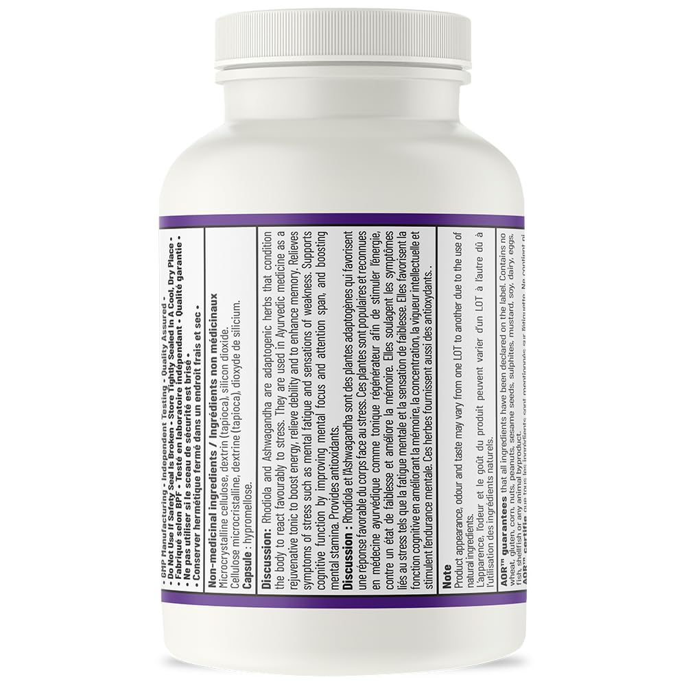 AOR Relax & Recharge 400mg 90 Gélules Fourniture de 90 Jours - Extrait de Rhodiola Rosea & Ashwagandha, Supplément Herbal - Conçu pour une Meilleure Concentration & Clarté Mentale, Soutient le Calme & la Vitalité, Végétalien, Sans OGM