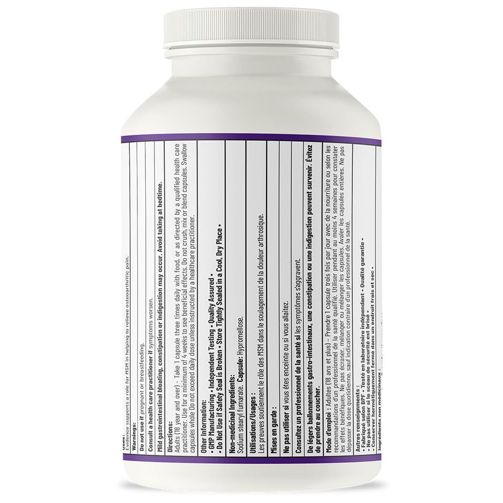 AOR MSM Joint Supplement, 1000 mg, 200 Vegan Capsules, Gluten Free, Non GMO