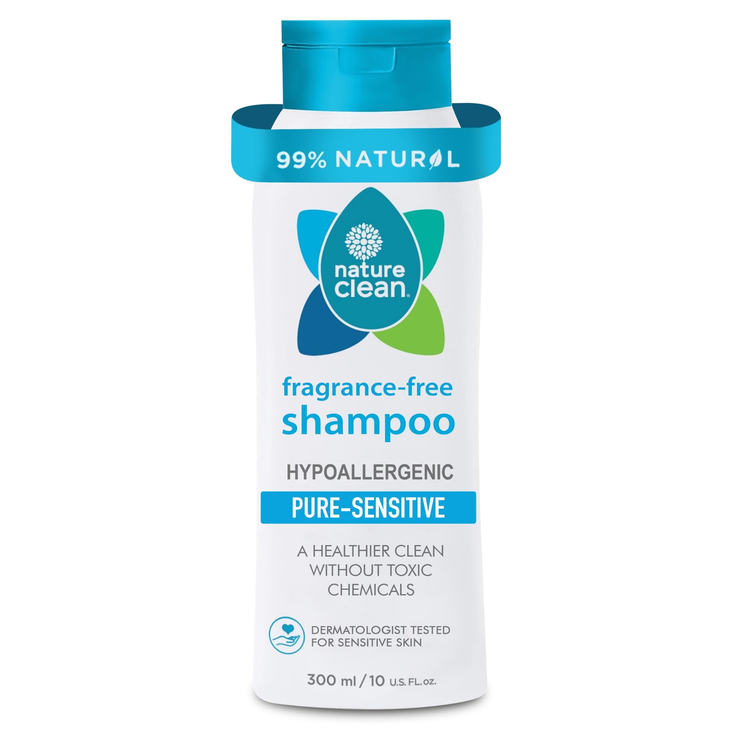 Nature Clean Pure Sensitive Shampoo, Hypoallergenic, Fragrance Free, Sensitive, Dermatologist Tested, 300 ml,10 Oz