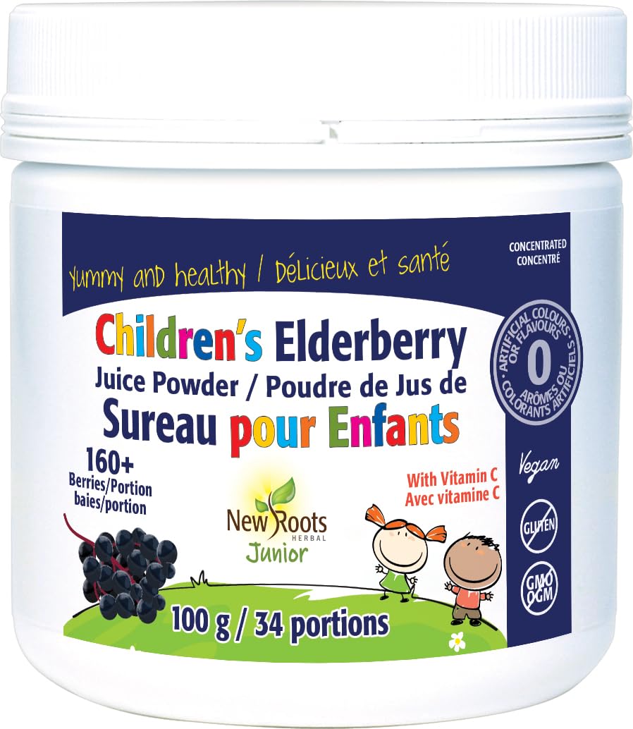 New Roots Herbal - Children's Elderberry Juice Powder with Rich in Vitamin C, 100g 34-Servings - 160+ Berries Per Portion, Pure Elderberry Supplement for Kids - Overall Wellness for Children - Vegan