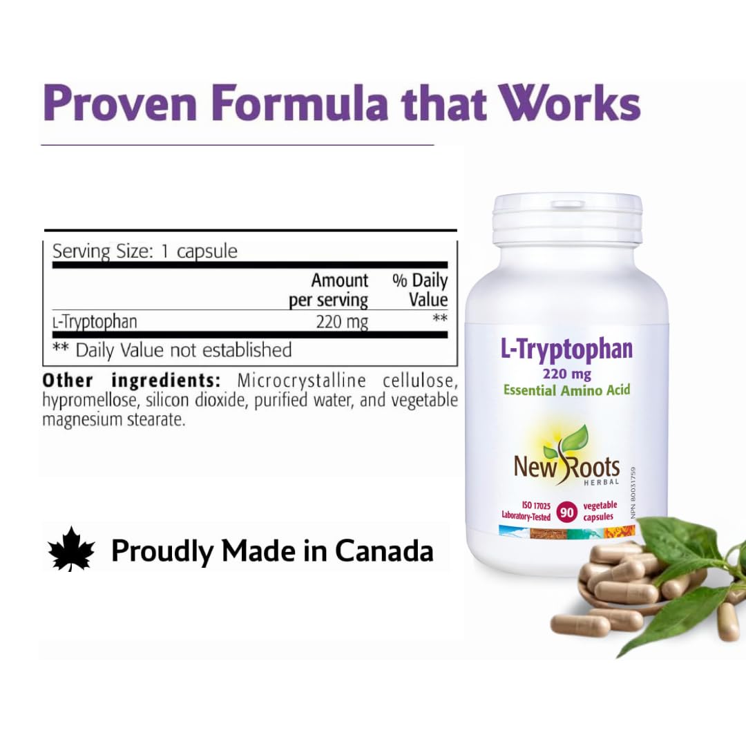 New Roots Herbal - L-Tryptophane 220mg, 90 gélules - Source d'un acide aminé essentiel pour le maintien d'une bonne santé