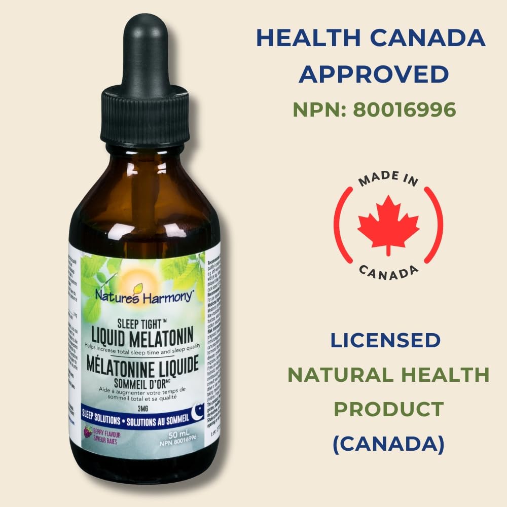 Nature’s Harmony Sleep Tight Liquid Melatonin 3 mg – Sleep Quality & Circadian Rhythm Support – Berry Flavour – 50 mL Liquid Drops