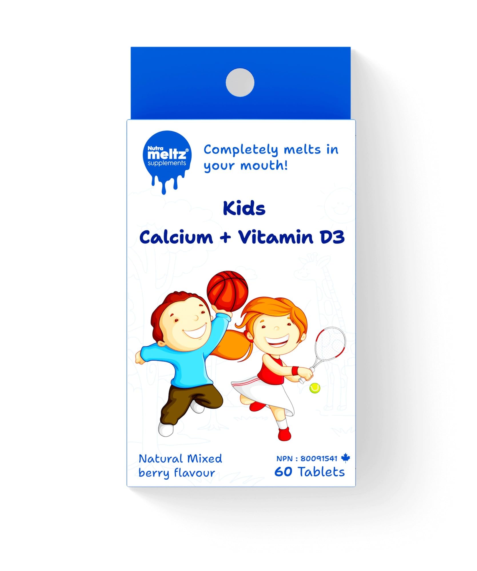 Nutrameltz Kids Calcium + Vitamin D3, 60 Fast-Dissolving Tablets 60-Day Supply - Mixed Berry Flavor, Supports Healthy Bone Strength, Growth and Development, Sugar, Gluten, Dairy-Free, Made in Canada