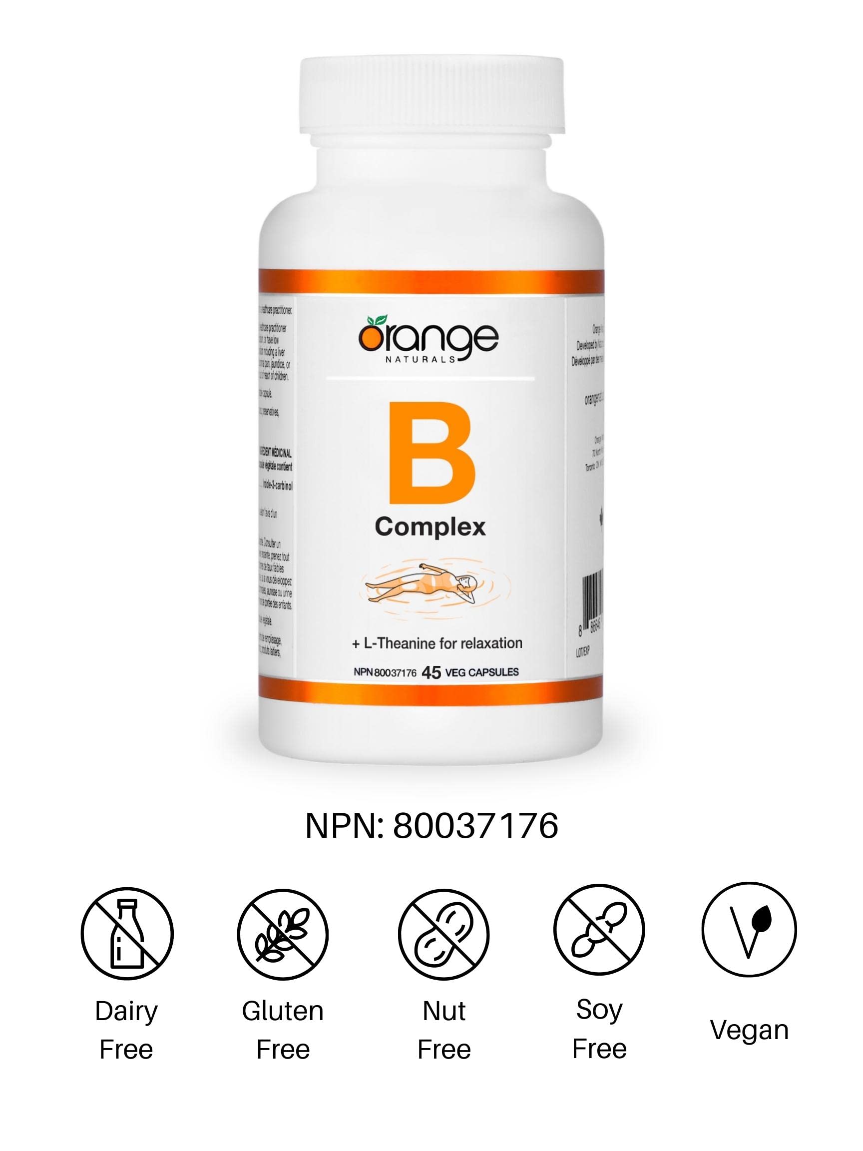 Orange Naturals - Complexe de vitamines B avec L-Théanine, 45 capsules pour 45 jours - Supplément de vitamines du complexe B à base de coenzymes - Spectre complet de vitamines B - Améliore l'énergie, le sommeil et favorise la relaxation mentale