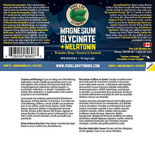 Pure Lab Vitamins - Magnesium Glycinate 100mg with Melatonin 3mg, 90 Vegan Caps - 3mg Melatonin and Magnesium Glycinate Supplement