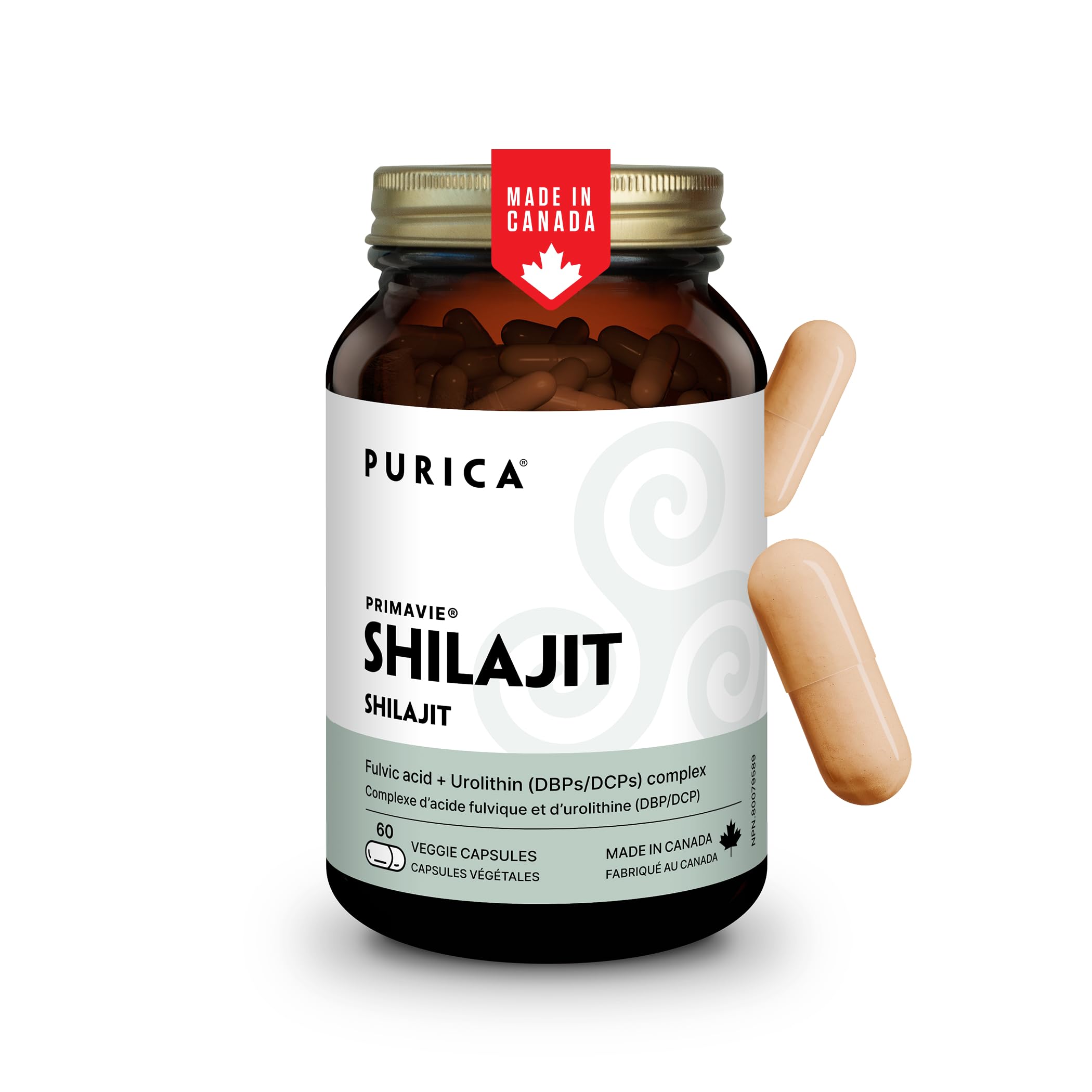 PURICA PrimaVie Shilajit pur de l'Himalaya avec 50 % d'acide fulvique, 250 mg par portion, 60 capsules végétaliennes pour 30 jours, favorise la vitalité, l'énergie, la performance et le bien-être quotidien pour les hommes, sans OGM et sans gluten