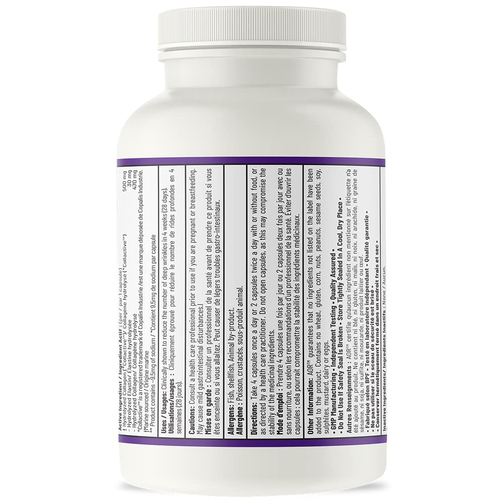 AOR Collagen Lift 500mg, 120 gélules, cure de 30 jours – Complément de collagène marin hydrolysé, favorise une peau lisse et des articulations souples, améliore l'élasticité et l'hydratation de la peau – Sans gluten et sans OGM