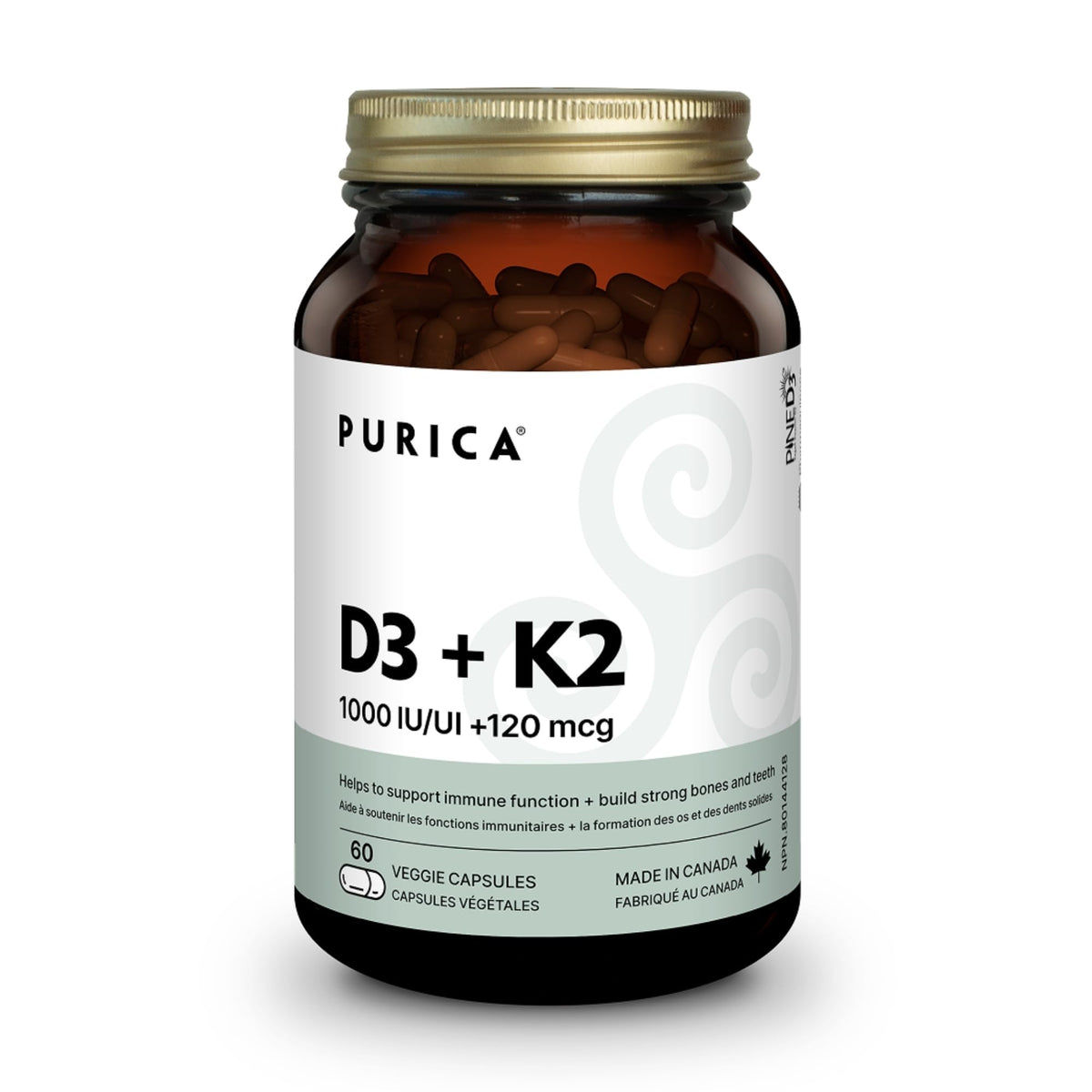Purica D3 + K2 Capsules, 1000 IU + 120 mcg, 60 Veggie Capsules