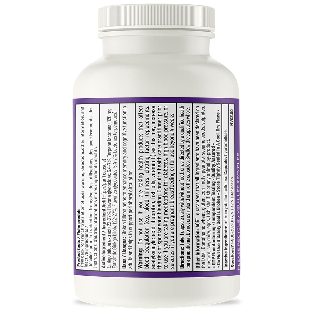 AOR Ginkgo Biloba 120 mg 90 gélules – Approvisionnement de 90 jours – Extrait de Ginkgo Biloba pour le soutien cognitif – Clarté mentale, concentration améliorée et performances cérébrales – Sans OGM, végétalien, supplément antioxydant pour la vitalité