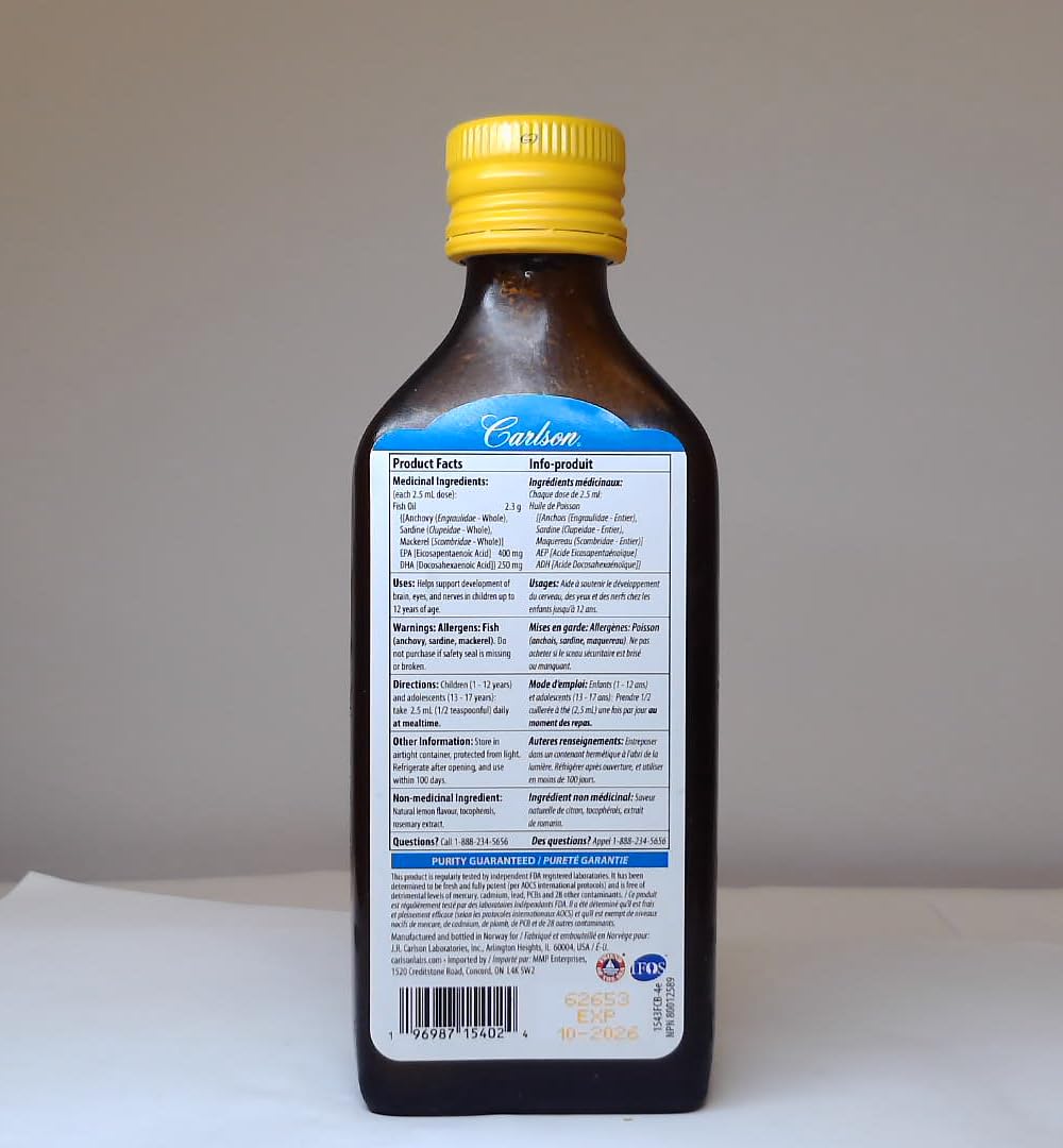 Carlson - Kid's The Very Finest Fish Oil, 800 mg Omega-3s, Liquid Fish Oil Supplement, Norwegian Fish Oil, Wild-Caught, Sustainably Sourced Fish Oil Liquid, Lemon, 200 mL (6.7 Fl Oz)