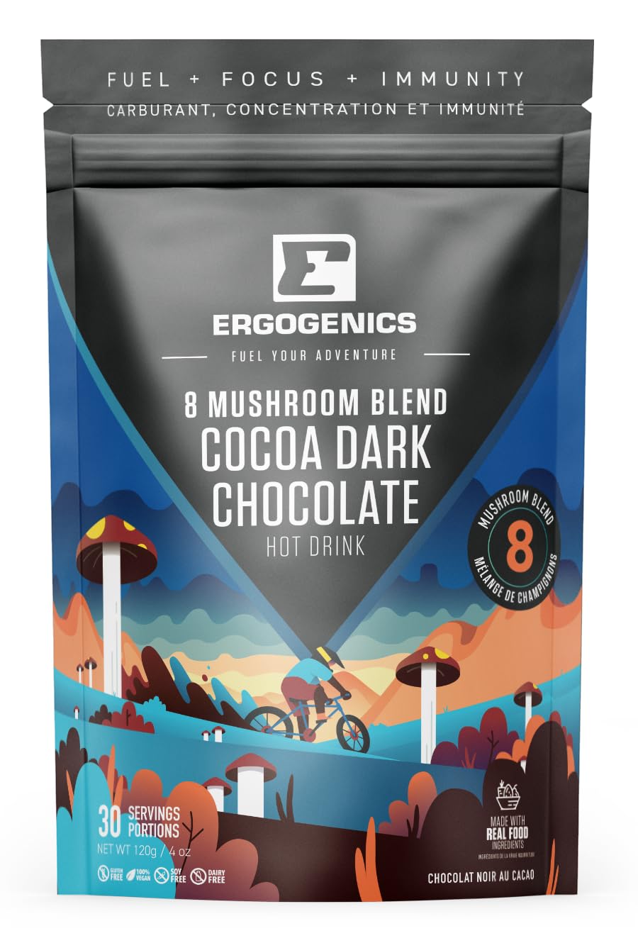 Ergogenics 8 Mushroom Blend Powder, Cocoa Dark Chocolate Hot Drink, 120g