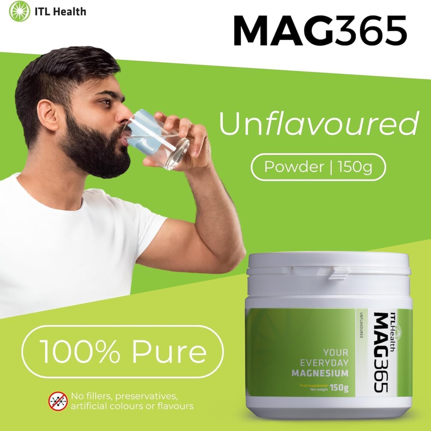 MAG365 ITL Health Ionic Magnesium Citrate 150g Powder 38-Servings, Unflavored - Natural Citrus Taste - Magnesium for Balanced Metabolism and Support Strong Bones - Muscle Function and Heart Wellness