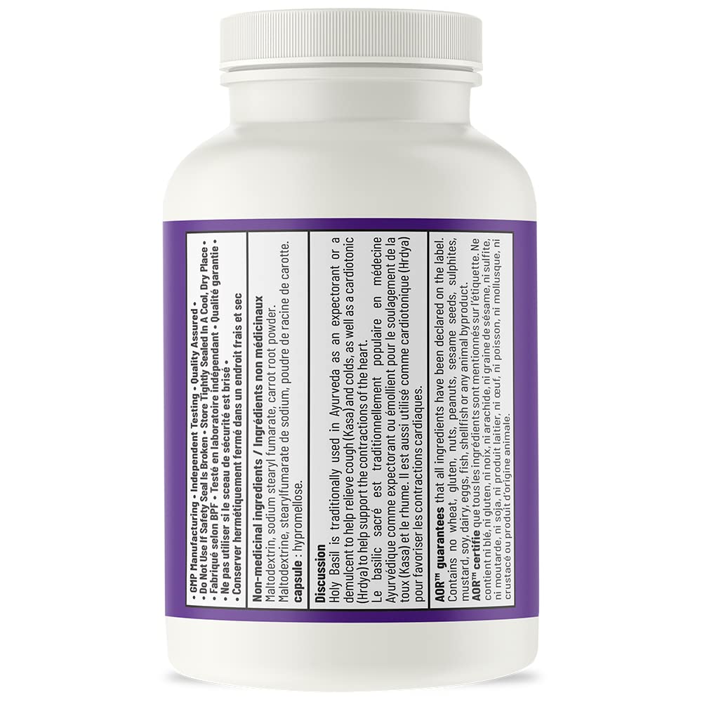 AOR Holy Basil Extract 500mg Supplement, Vegan Capsules, Tulsi, 60 Capsules